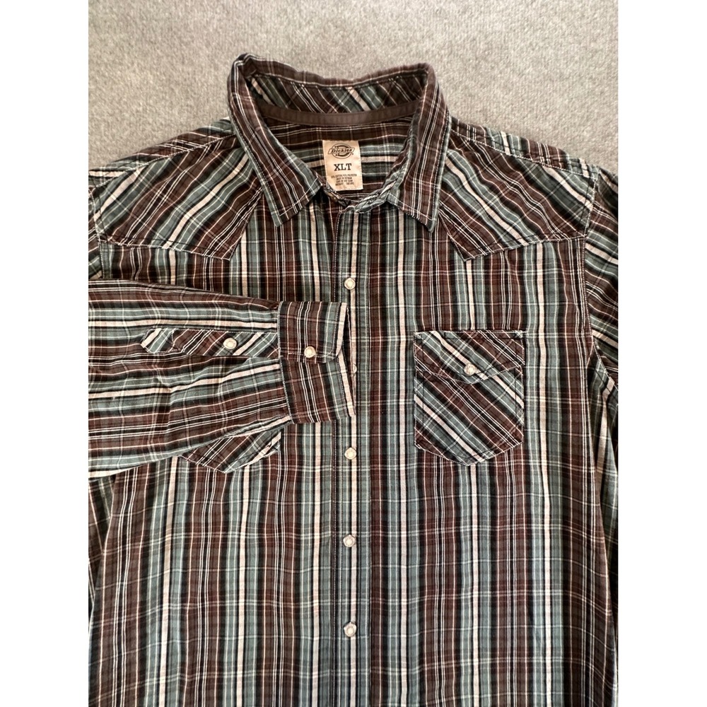 Dickies Mens XLT Plaid Western Pearl Snap Long Sleeve Shirt Brown Blue Tall